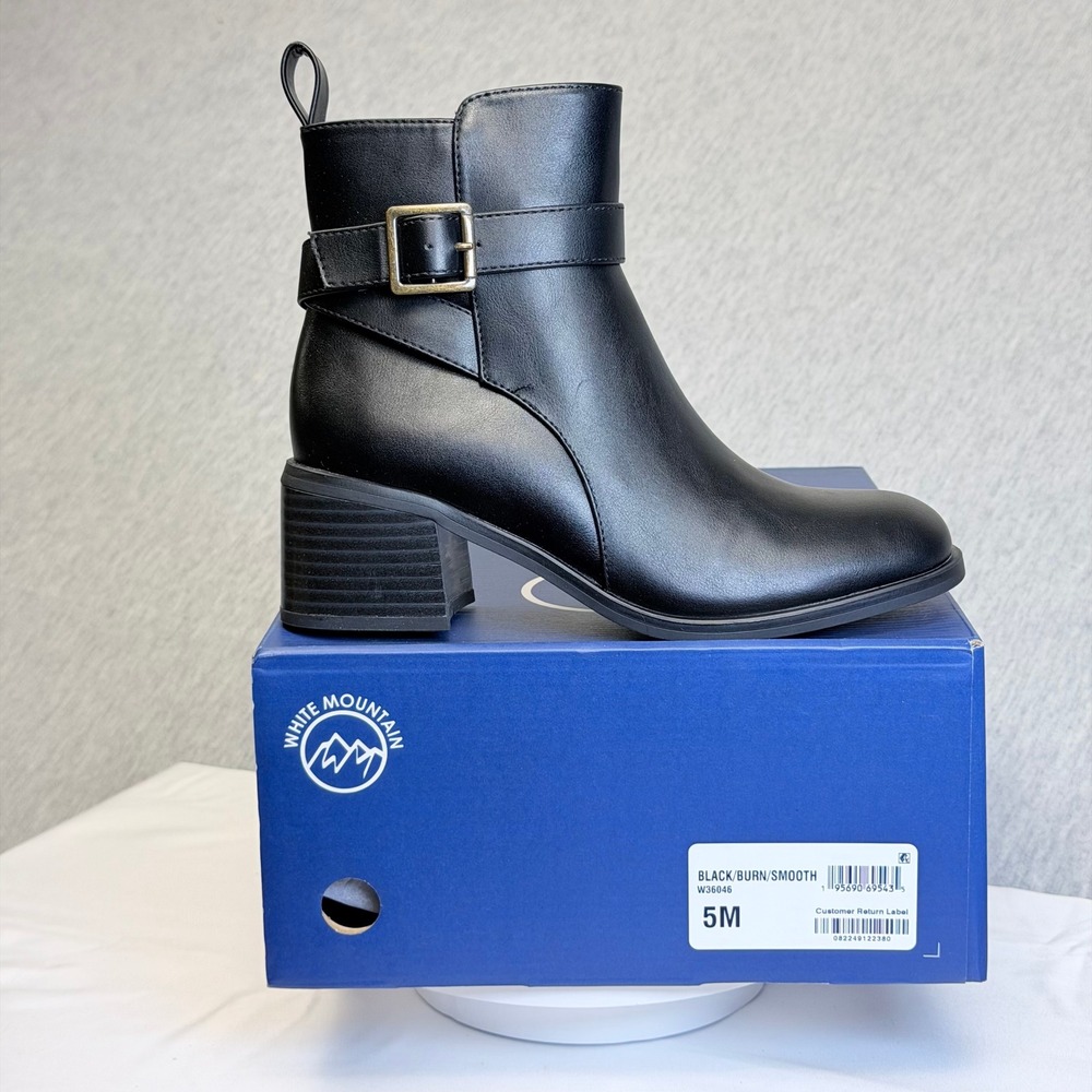 White Mountain Narrows Black Smooth Ankle Boots W36046 Womens 5M Block Heel